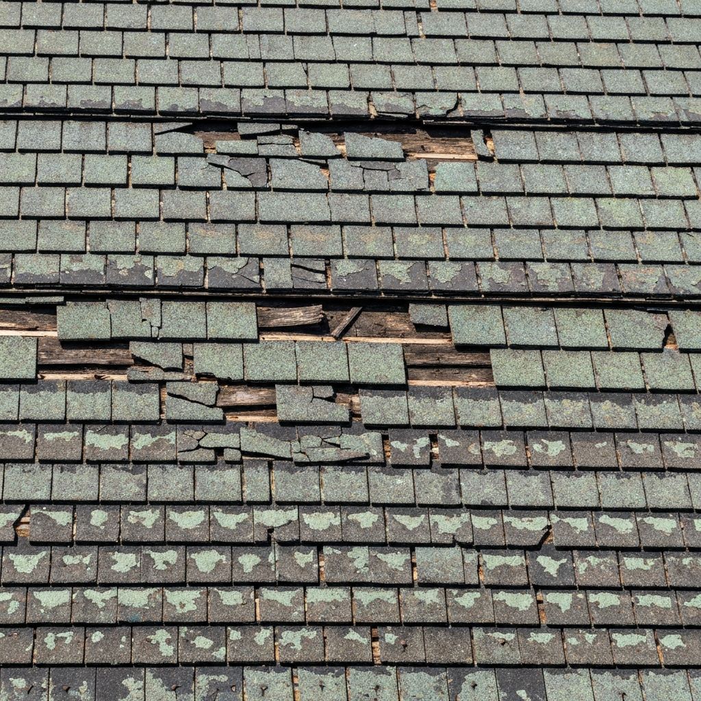 Old worn out roof shingles before replacement