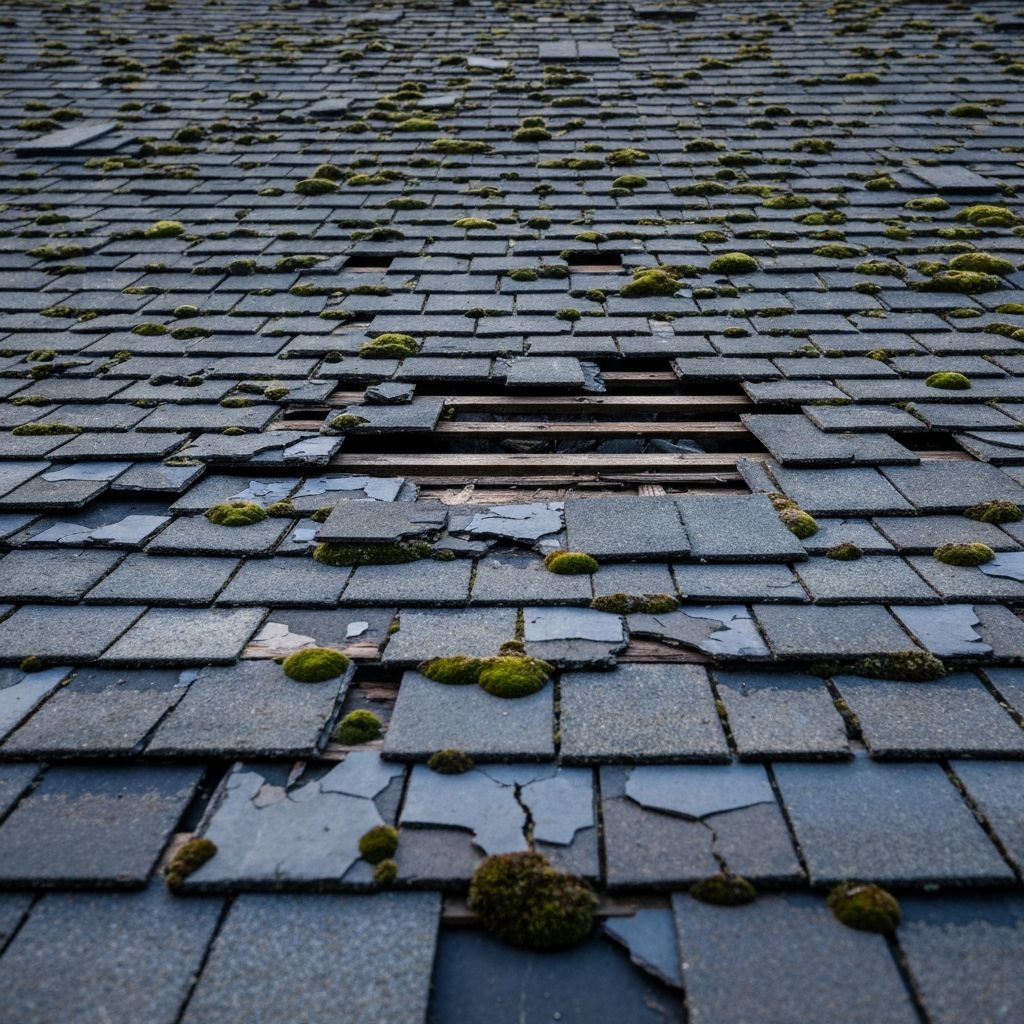 Before roof replacement - old damaged shingles