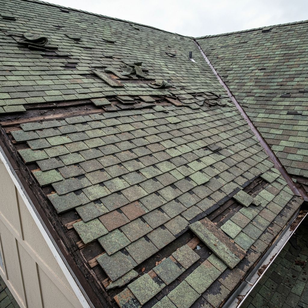 Worn roof shingles needing urgent replacement